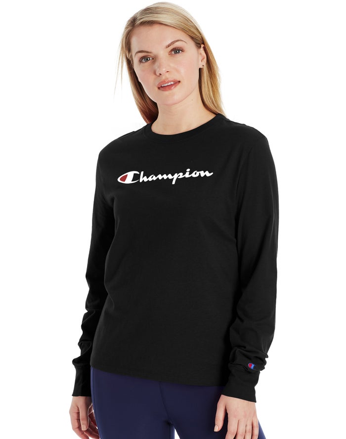 Champion Dame T-Shirts Sort - Classic Long-Sleeve Script Logo - Danmark THC-192850